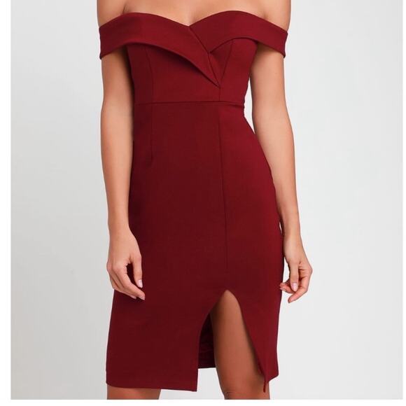 Lulus NWT Classic Glam Burgundy Off the Shoulder Bodycon Dress L - Picture 2 of 9